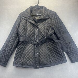 Guess Womens Size L Black Quilted Belted Faux Leather Snap Zip Coat  Vintage